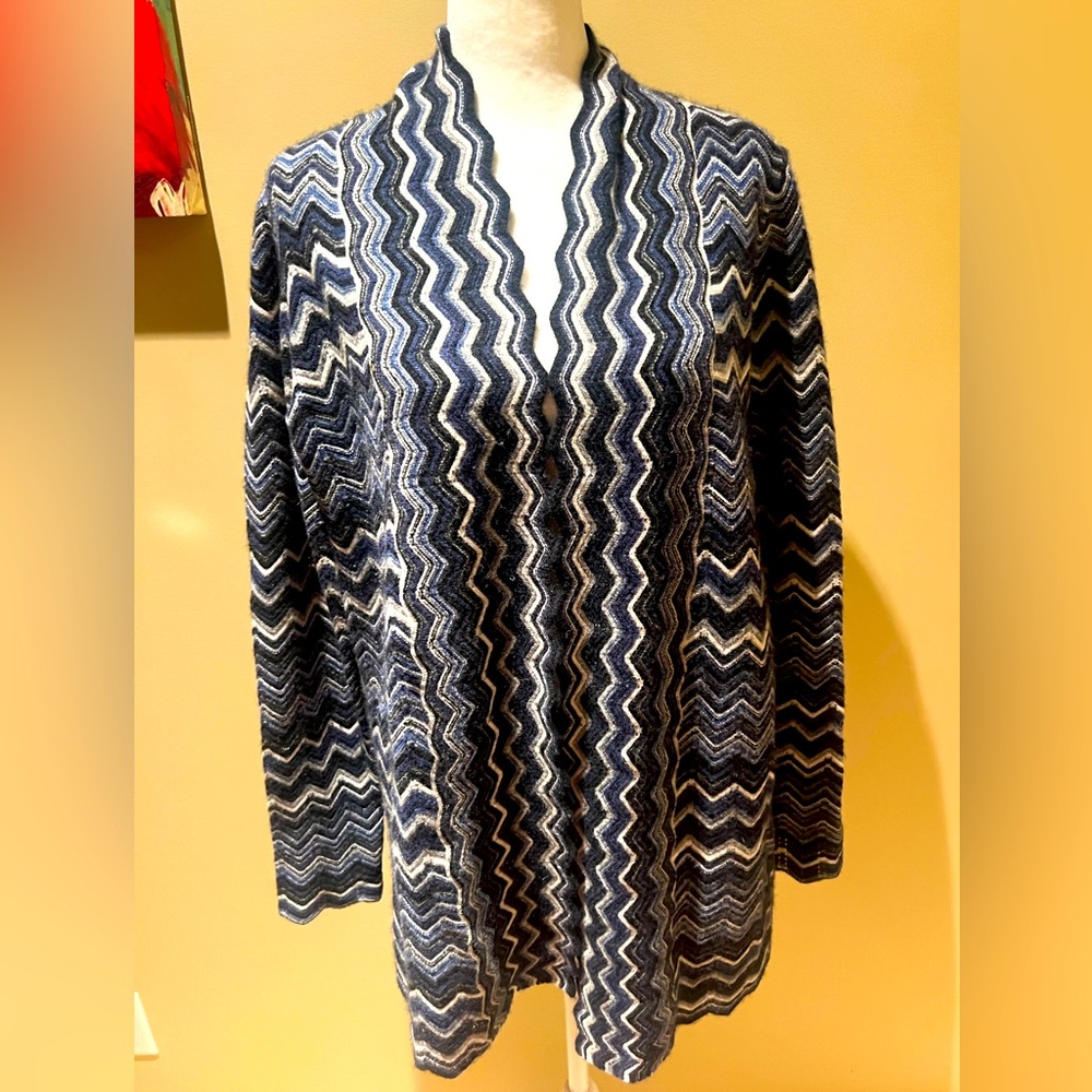 L Pure Cashmere Black & Blue Chevron Print Open Front Cardigan Sweater